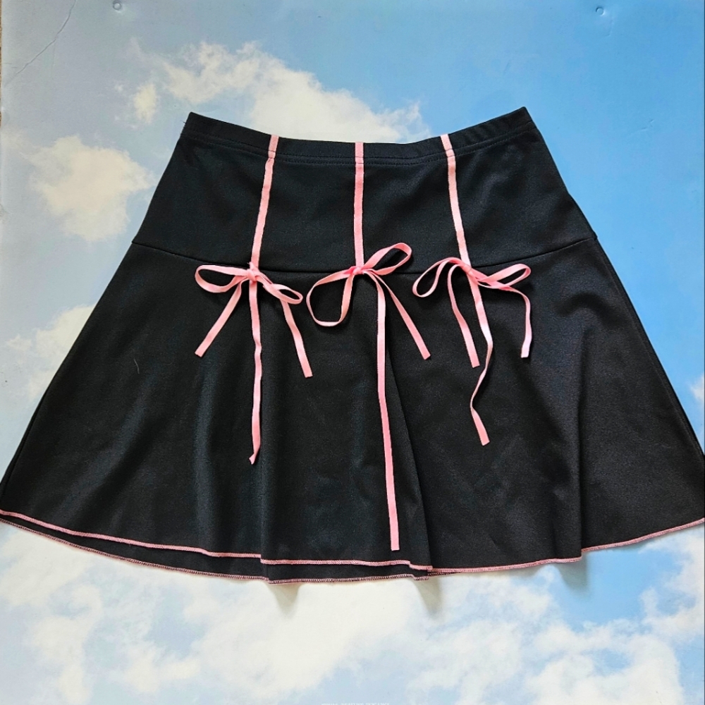 Black Circle Skirt with Pink Bow Accents Flowy Feminine Skirt Kawaii Flirty Bow